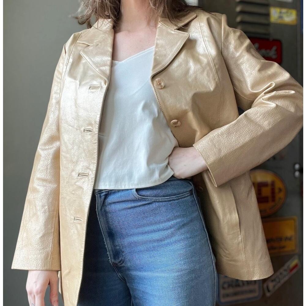 Vintage Y2K Champagne Gold Leather Jacket | 90s Metallic Coat | Size M